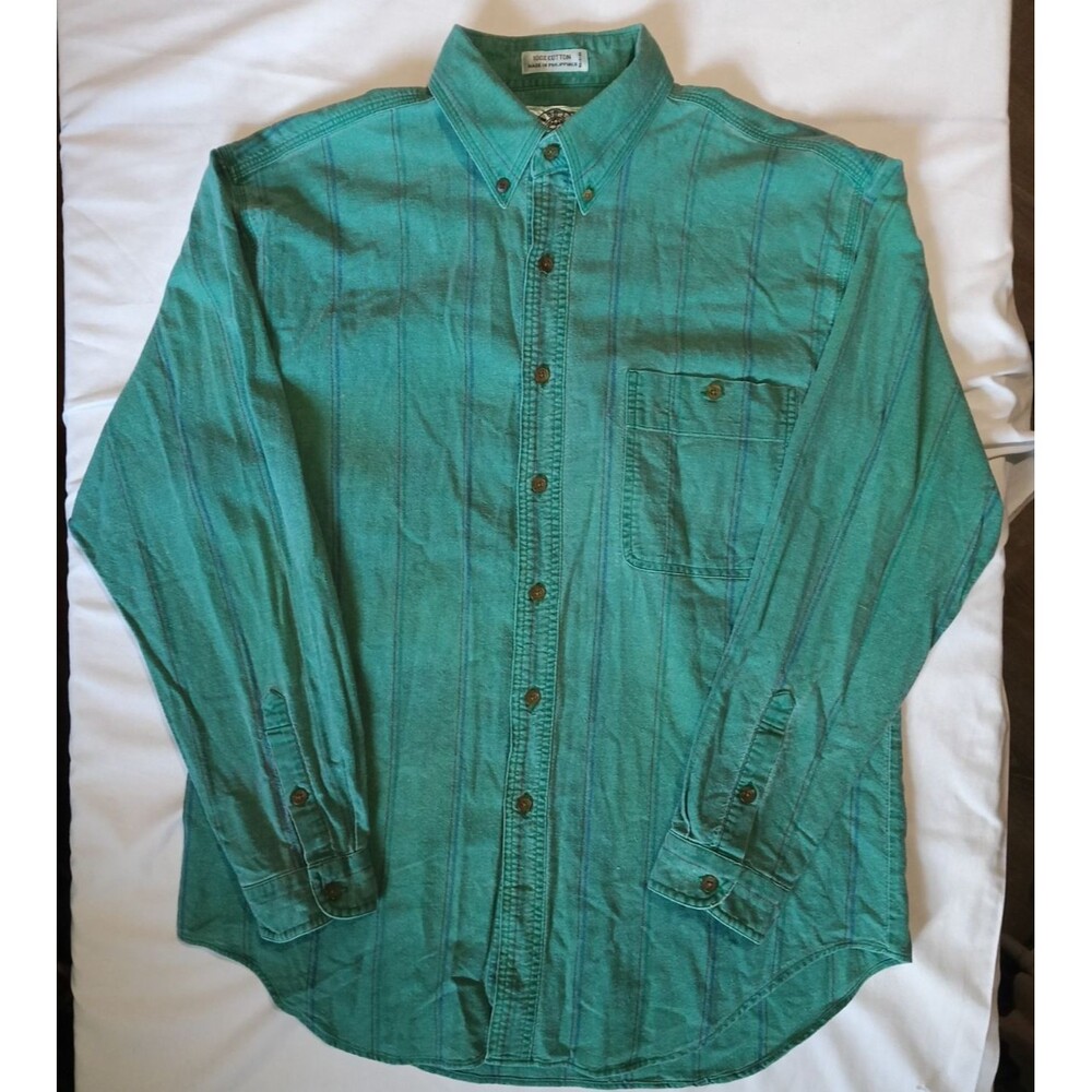VTG World Island Men's Vertical Striped Long Heavy Button Up Size Large
